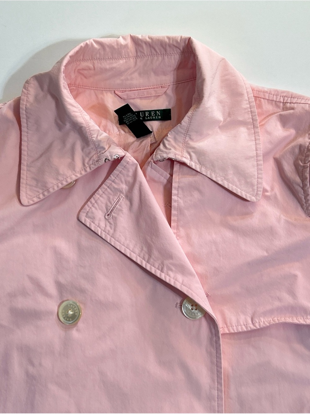 RLR Ralph Lauren Pink Trench Double Breasted Vented Belted Raincoat Large Flawed - Picture 7 of 14